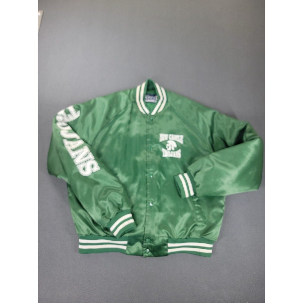 Vintage‎ New Castle Trojans Jacket Mens Large Green Satin Varsity Snap Front 90s